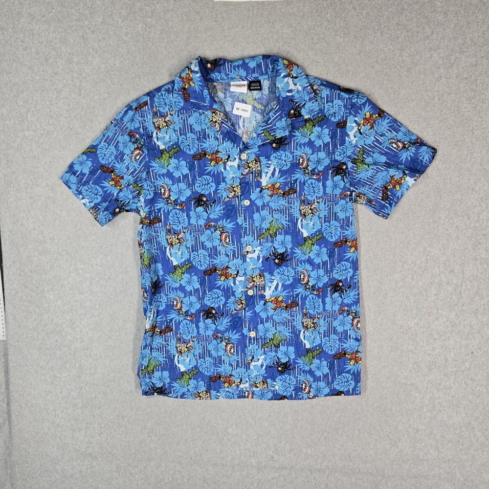 Marvel Men Button Up Shirt M Blue Graphic Avengers Hawaiian Shirt